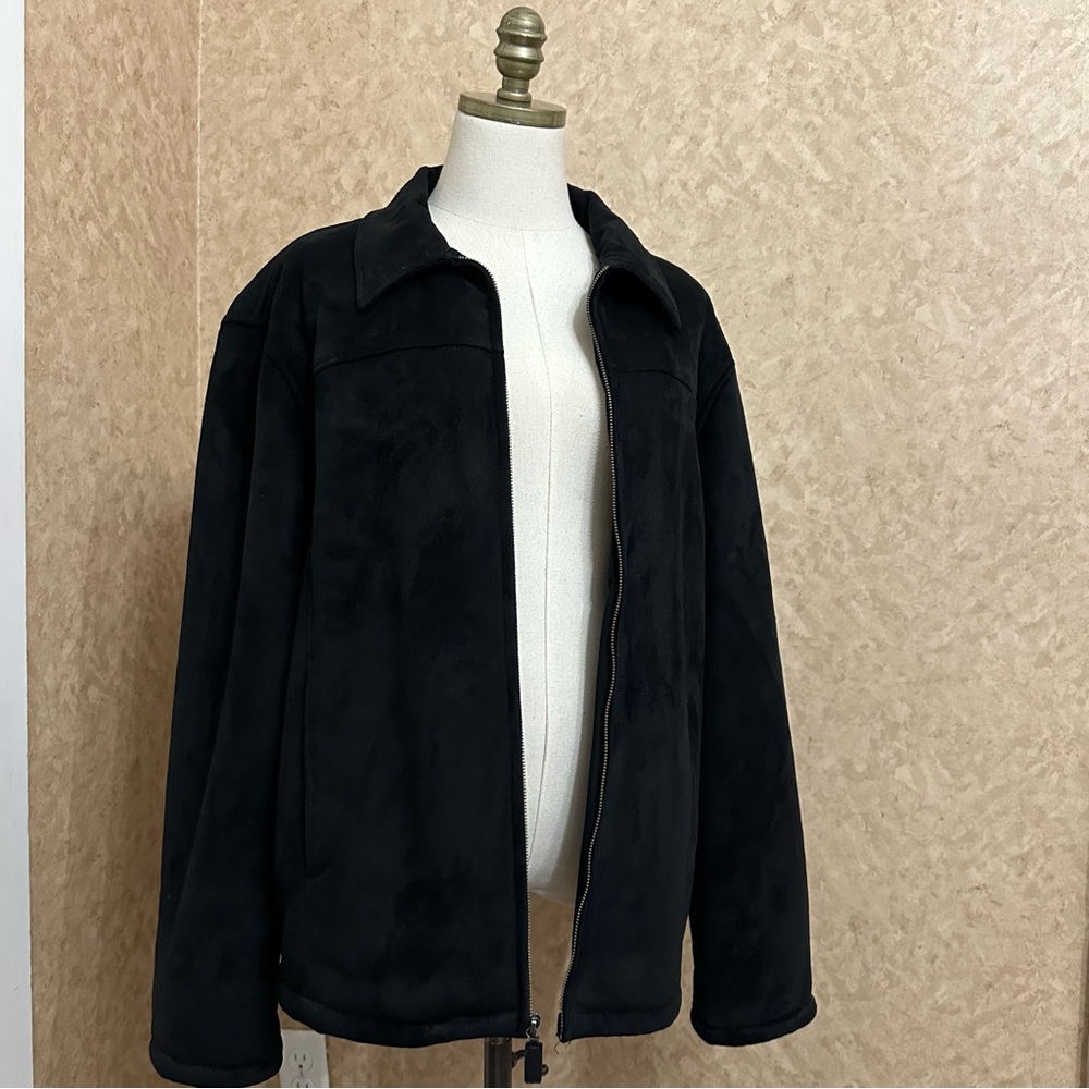 VTG Y2K 2000s Solid Black Suede Faux Fur Sherpa Teddy Lined Full Zip Jacket Coat